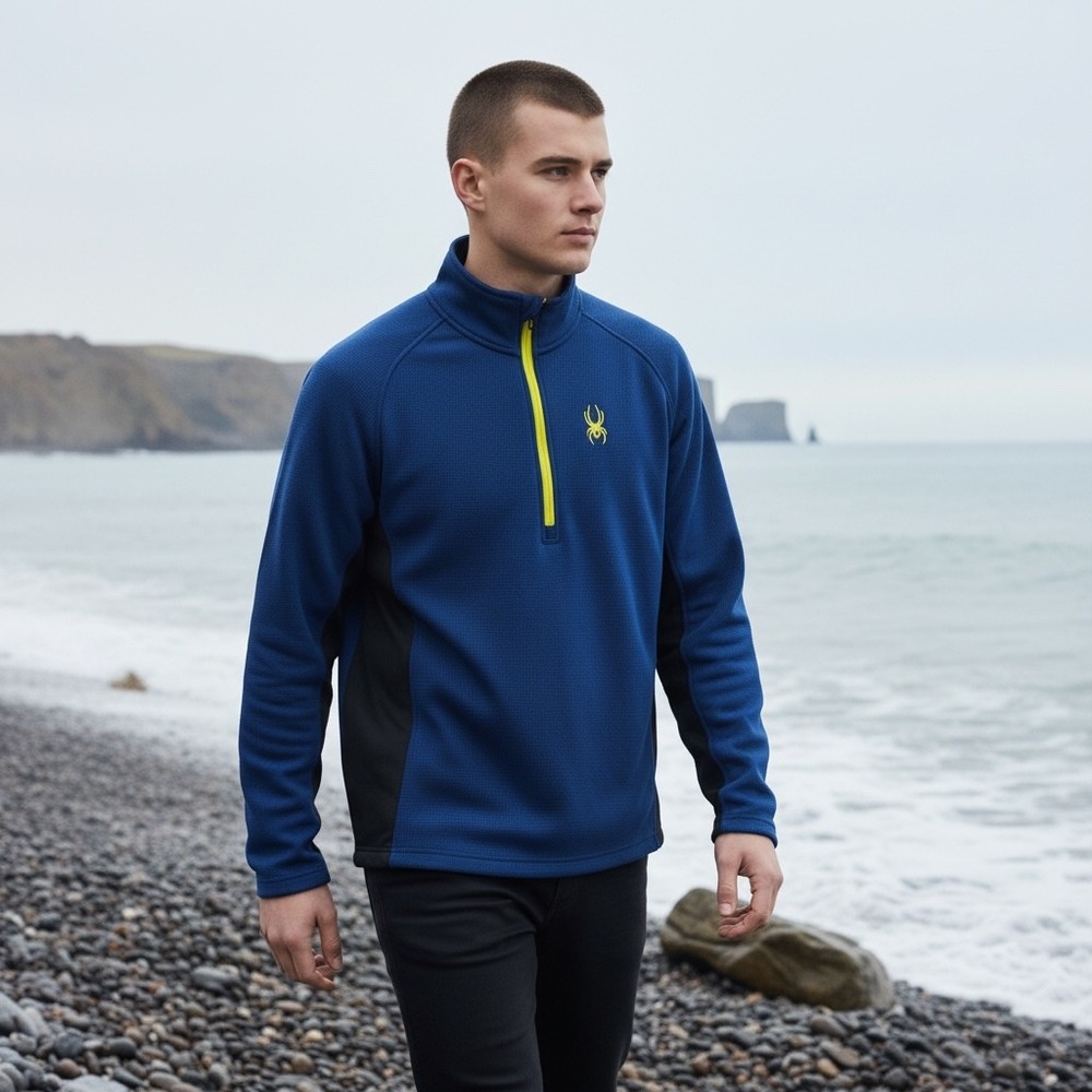 Spyder Mens Quarter Zip Pullover Blue Black Waffle Knit Fleece Large 1299048